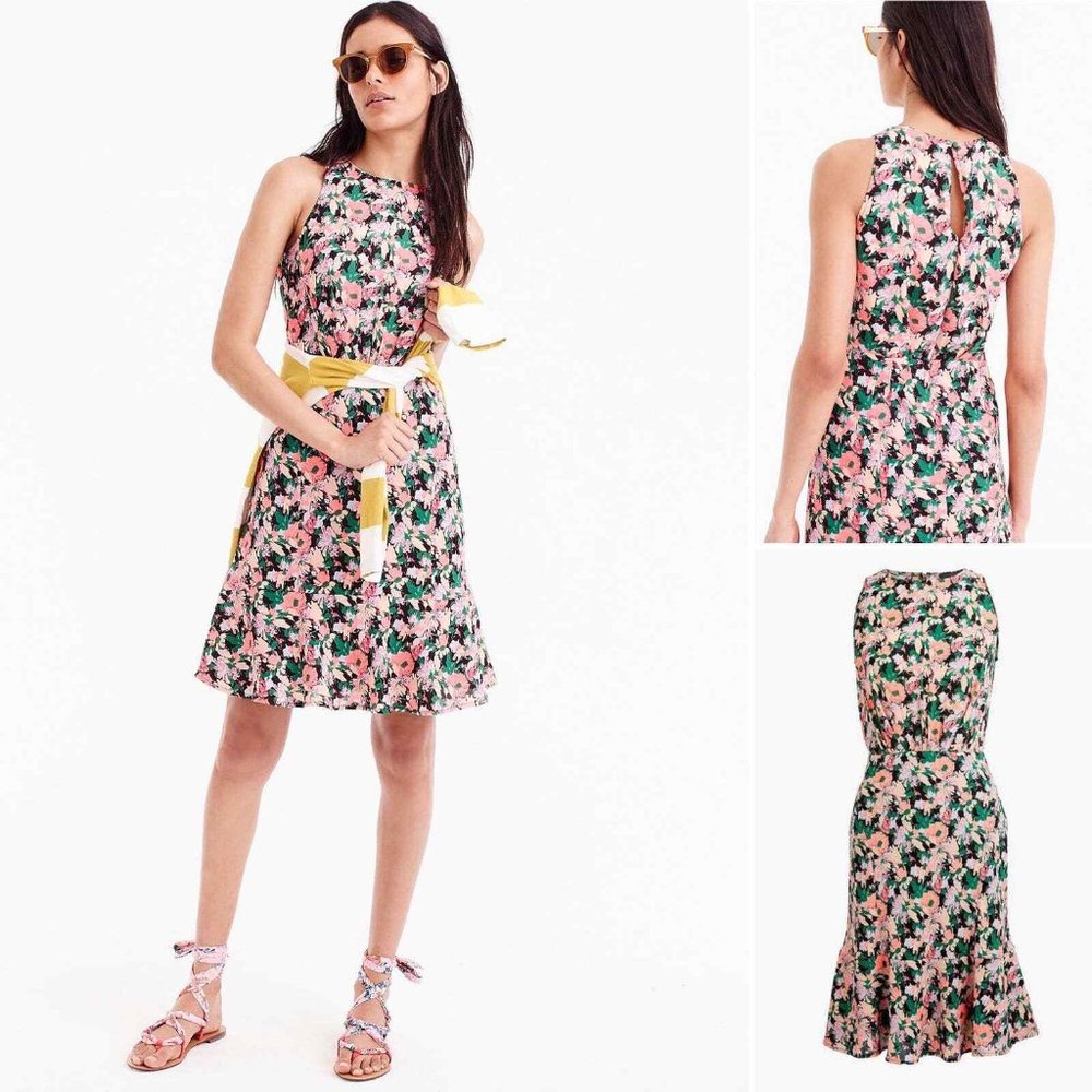 J Crew Mercantile Dress Size 8 Womans Green Orange Floral Sleeveless Ruffle Hem